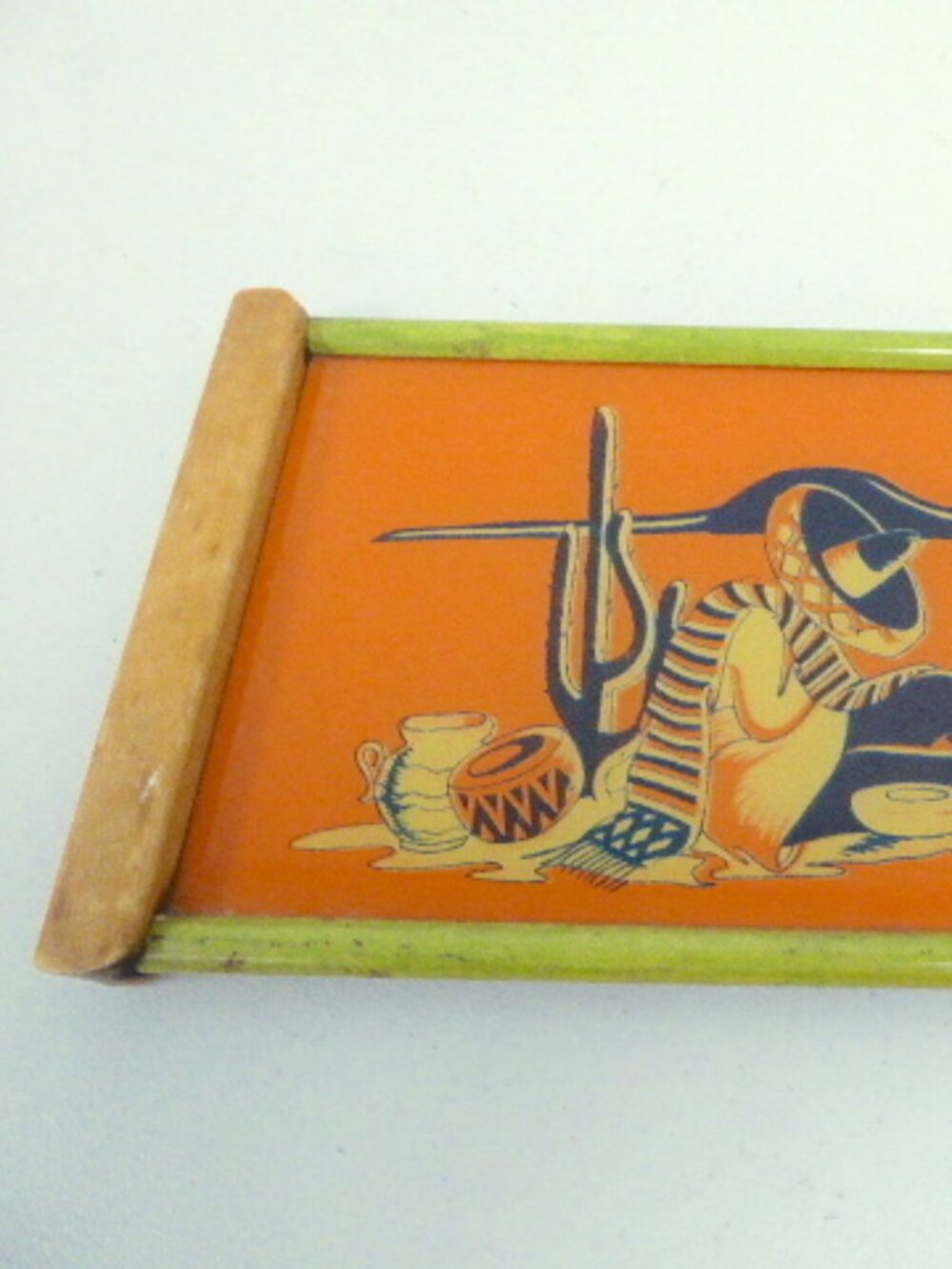 TRAY mid century MCM REVERSE GLASS PAINTED orange Mexico wood vintage - Picture 4 of 12